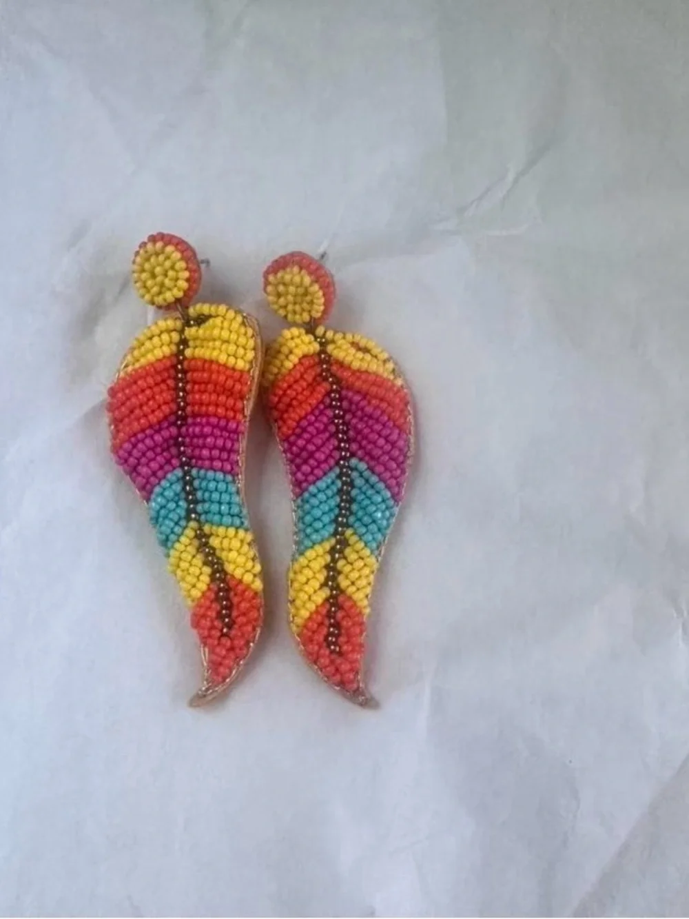 Handmade Multicolor Beaded Feather Drop Earrings